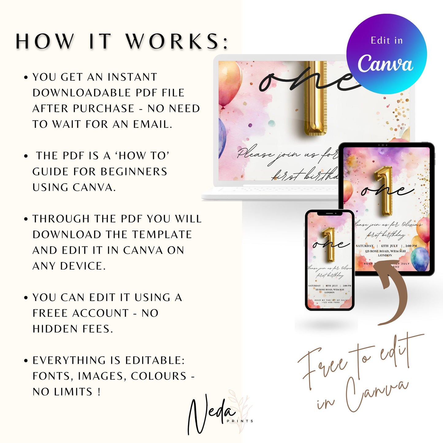 EDITABLE Rainbow Pastel Birthday Invitation, 1st 2nd 3rd Birthday Invite, Colourful glitter invite, Printable template, Instant Download