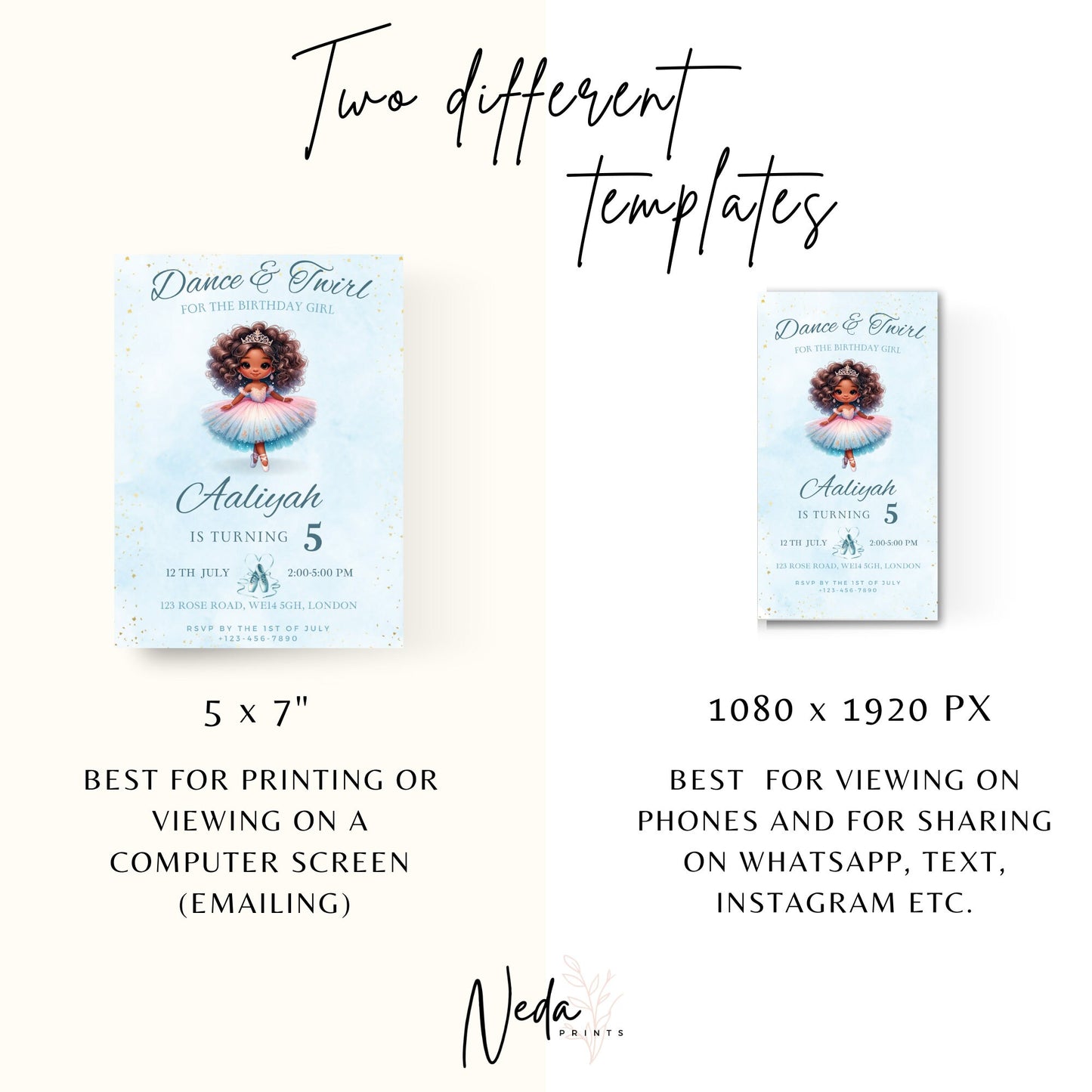 EDITABLE Ballerina Birthday Invitation, Ballet Birthday, Ballerina Party, Girl birthday, Black Girl birthday Party, Afro, Instant Download