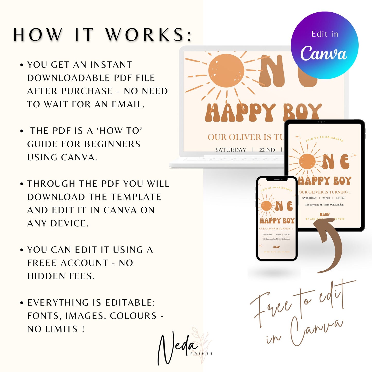 EDITABLE One Happy Boy Birthday Invitation, Bohemian Invitation, 1st Birthday Invite Printable template, Boho retro invite, Instant Download