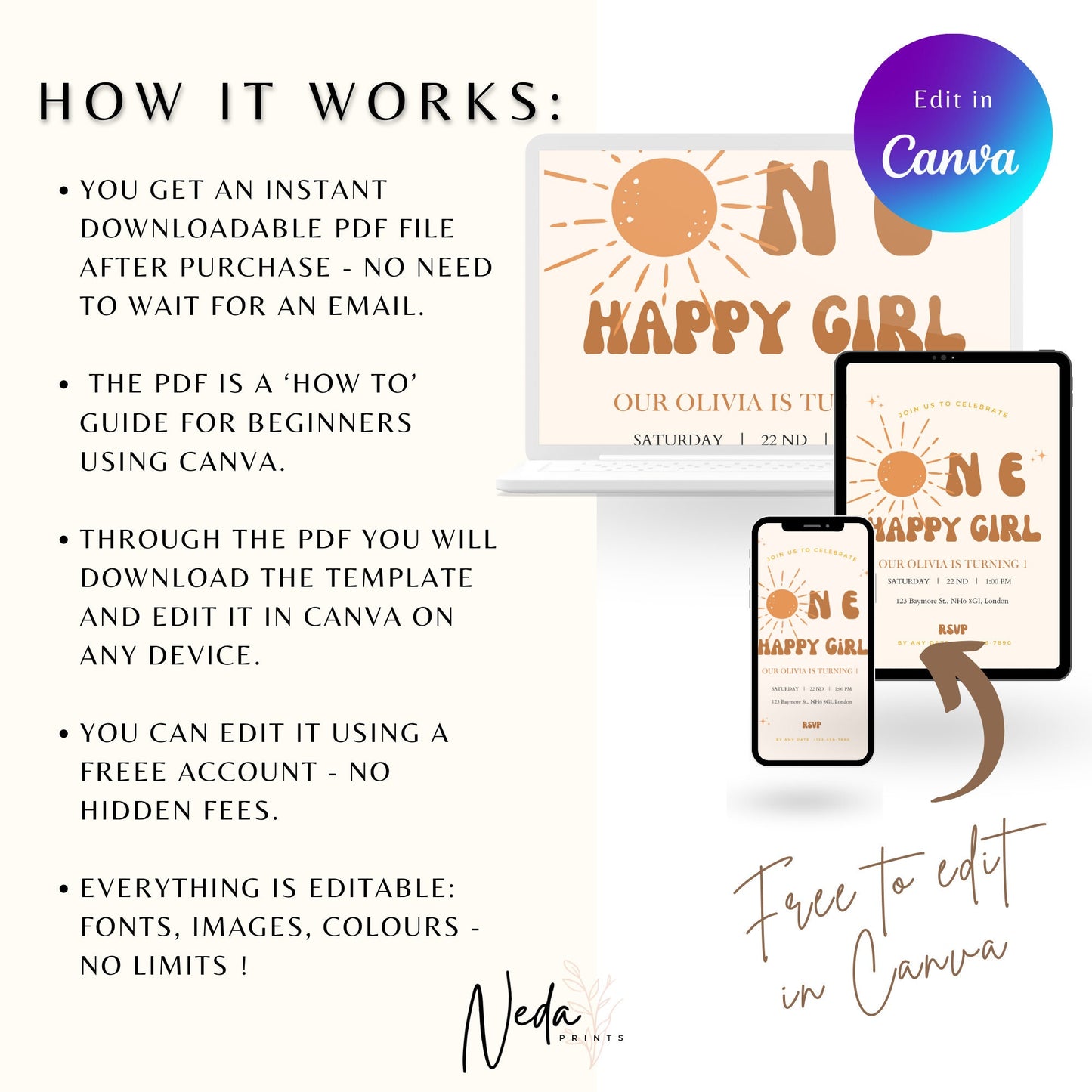 EDITABLE One Happy Girl Birthday Invitation, Bohemian Invitation, 1st Birthday Invite Printable template, Boho retro invite Instant Download