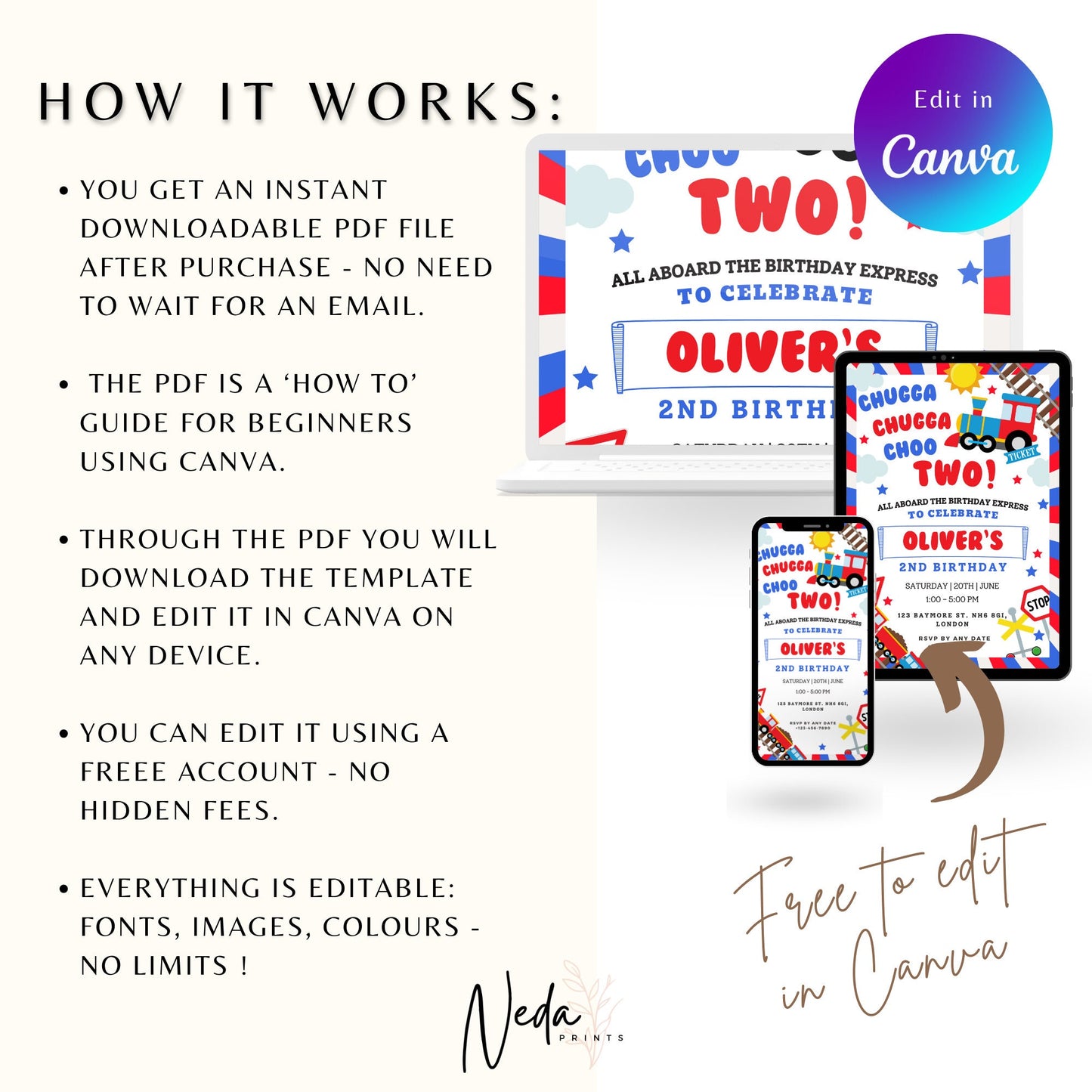 EDITABLE Chugga Chugga Choo Choo Two Train Birthday Invitation, 2nd Birthday Boy Invite, train party, Printable template, Instant Download