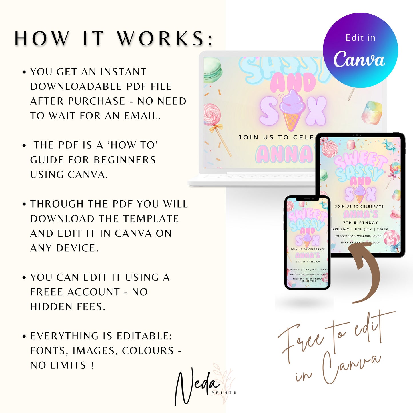 EDITABLE Sweet, Sassy and Six Birthday Invitation, Candy Party Birthday, Sweet Candy Party invite 6th girl birthday Party Instant Download