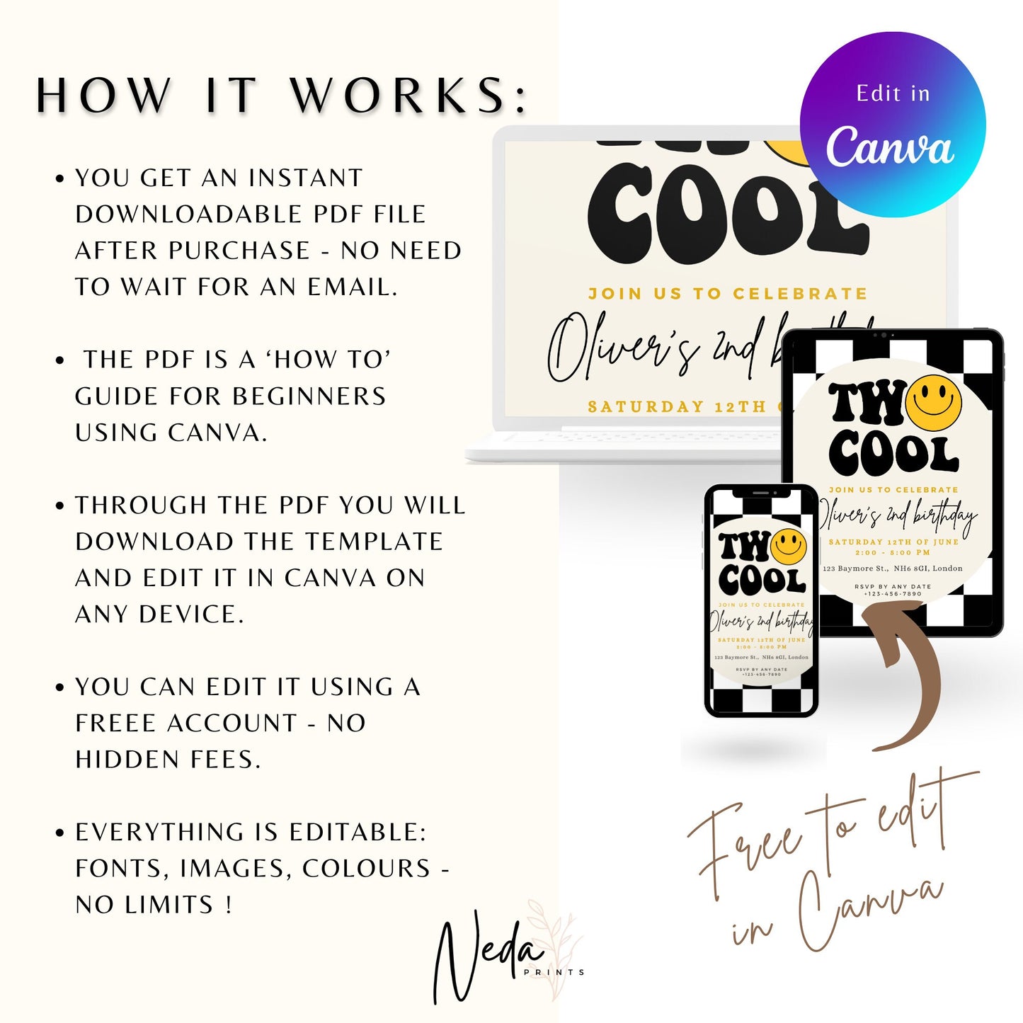 EDITABLE Two Cool Birthday Invitation, 2nd Birthday Boy Invite, Retro birthday, Boy second retro birthday party, Instant Download, Printable