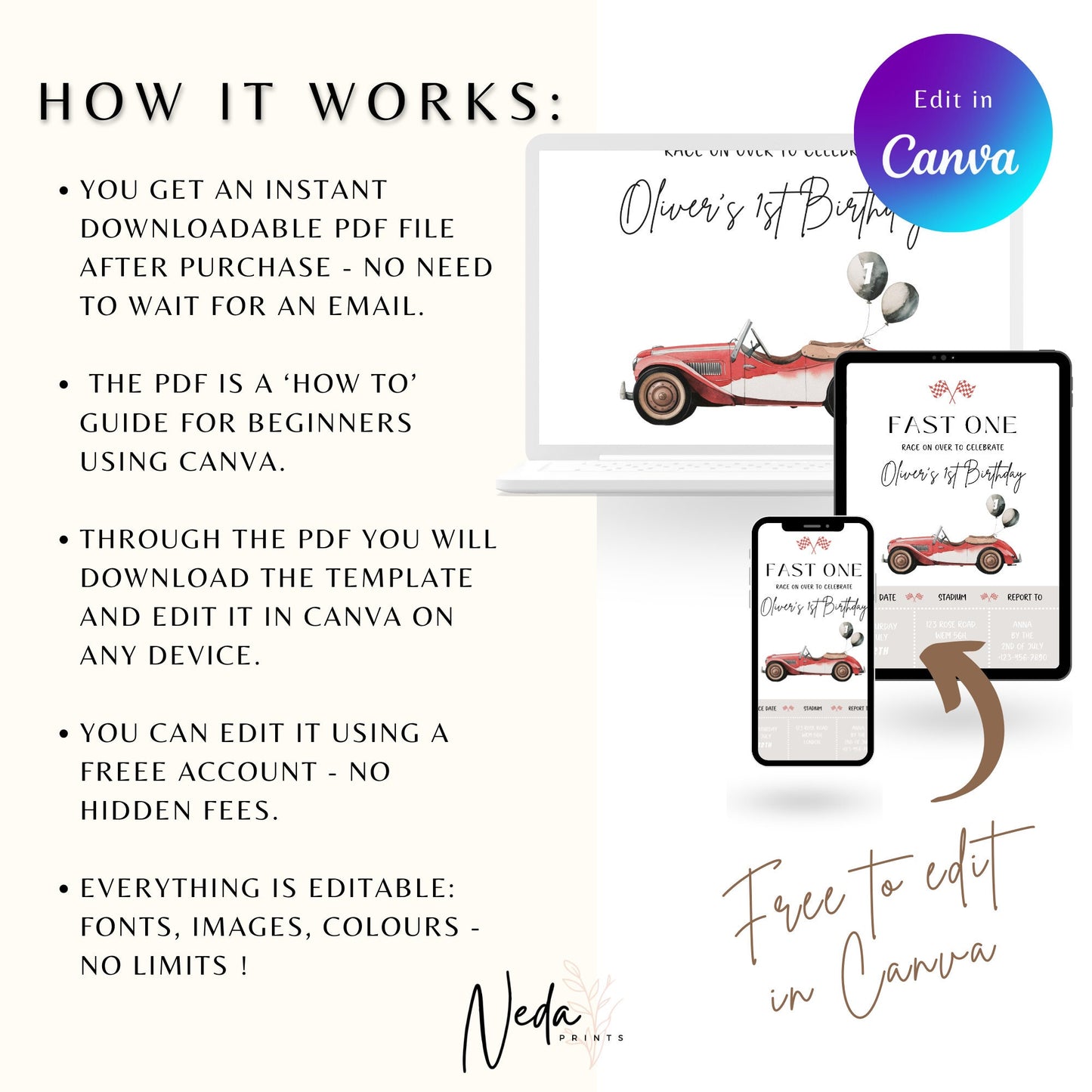 EDITABLE Retro Checkered Red Race Car Birthday Invitation, 1st Race car birthday invite Fast one invitation First Birthday Instant Download