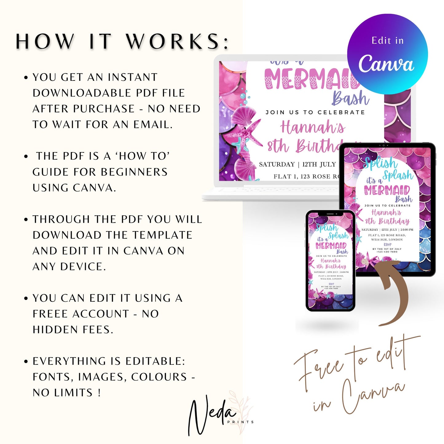 EDITABLE Splish Splash Birthday Invitation, Mermaid Party, Birthday Girl Invite, Mermaid Bash, Mermaid invitation Printable Instant Download