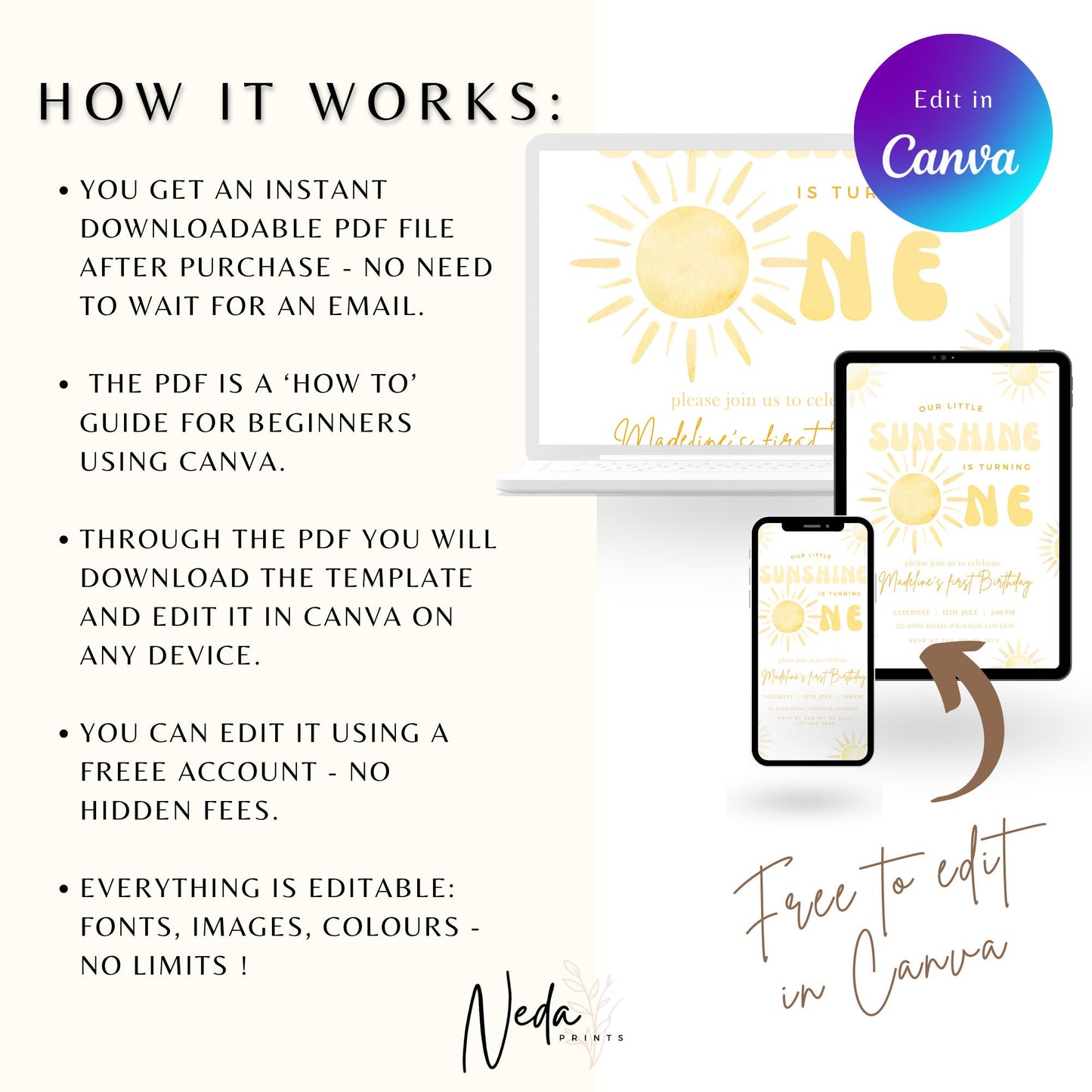 EDITABLE Sunshine Birthday Invitation, 1st Birthday Invite, Our Little sunshine, Sun Invitation, 1st Girl Birthday, Printable Template