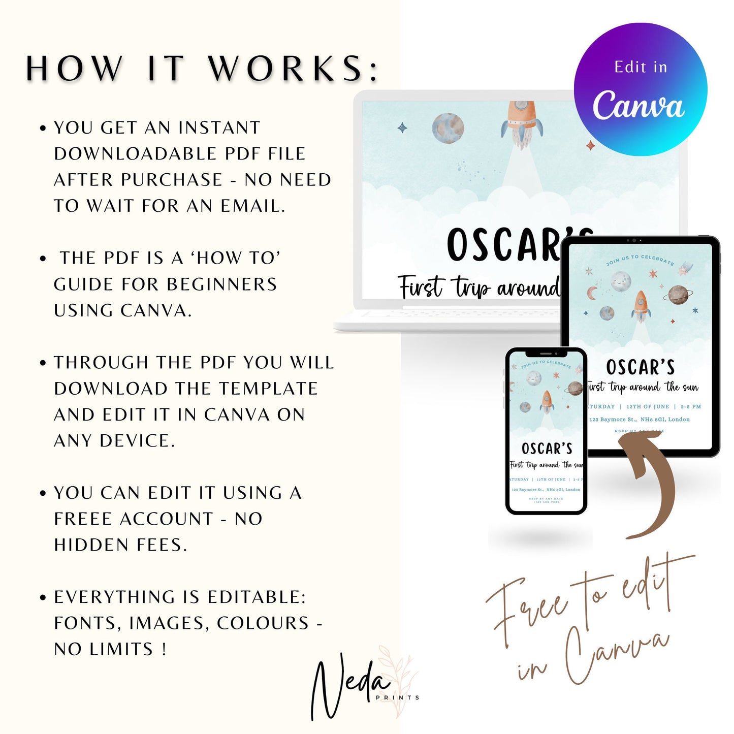 EDITABLE First Trip Around The Sun Birthday Invitation, Astronaut Invitation, Space 1st Birthday Invite Printable, Instant Download, I0004