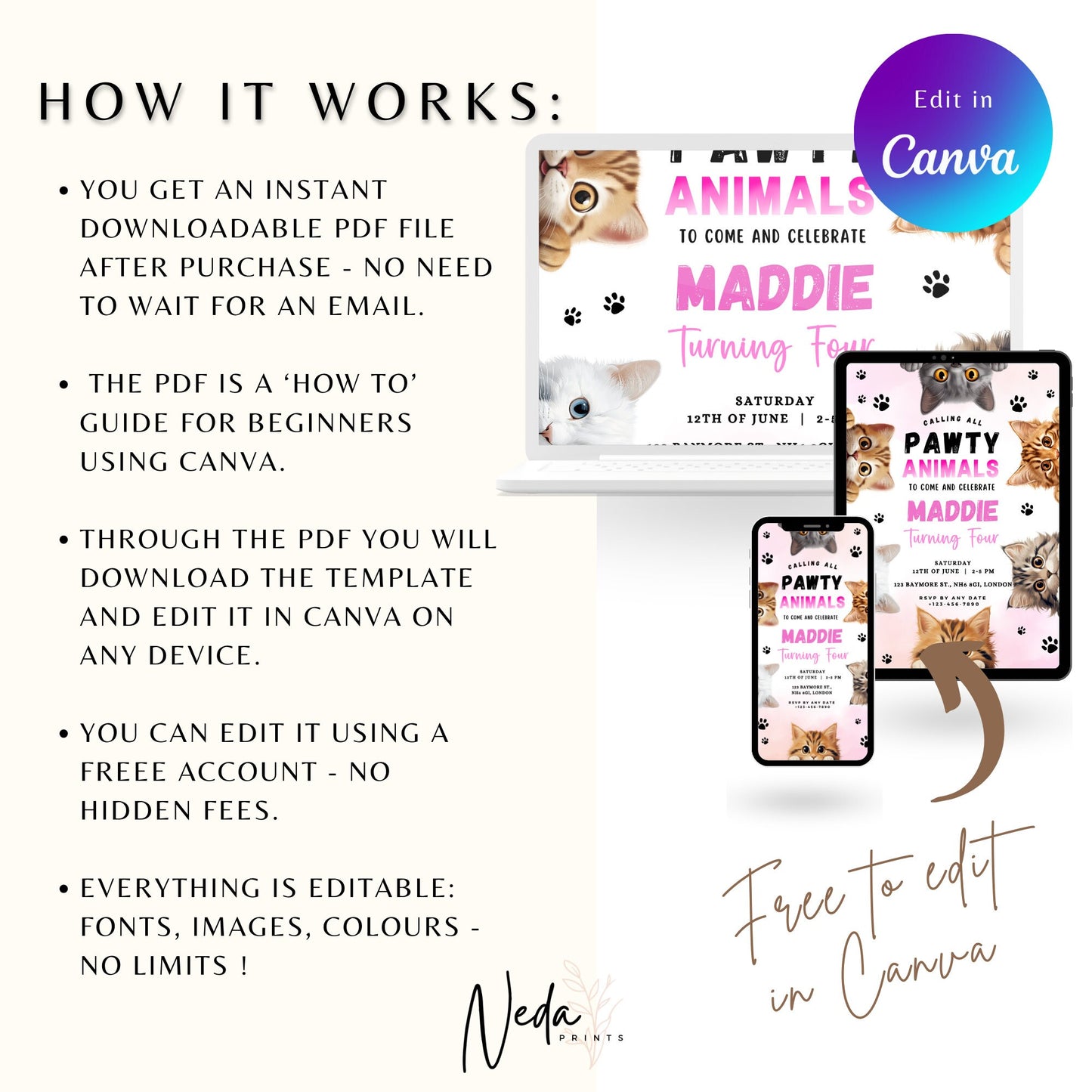 EDITABLE Pawty Animals Birthday Invitation, Cat Birthday Party, Kitten Party Invite, Cat Invitation, Kitty Cat Invite Instant Download I0025