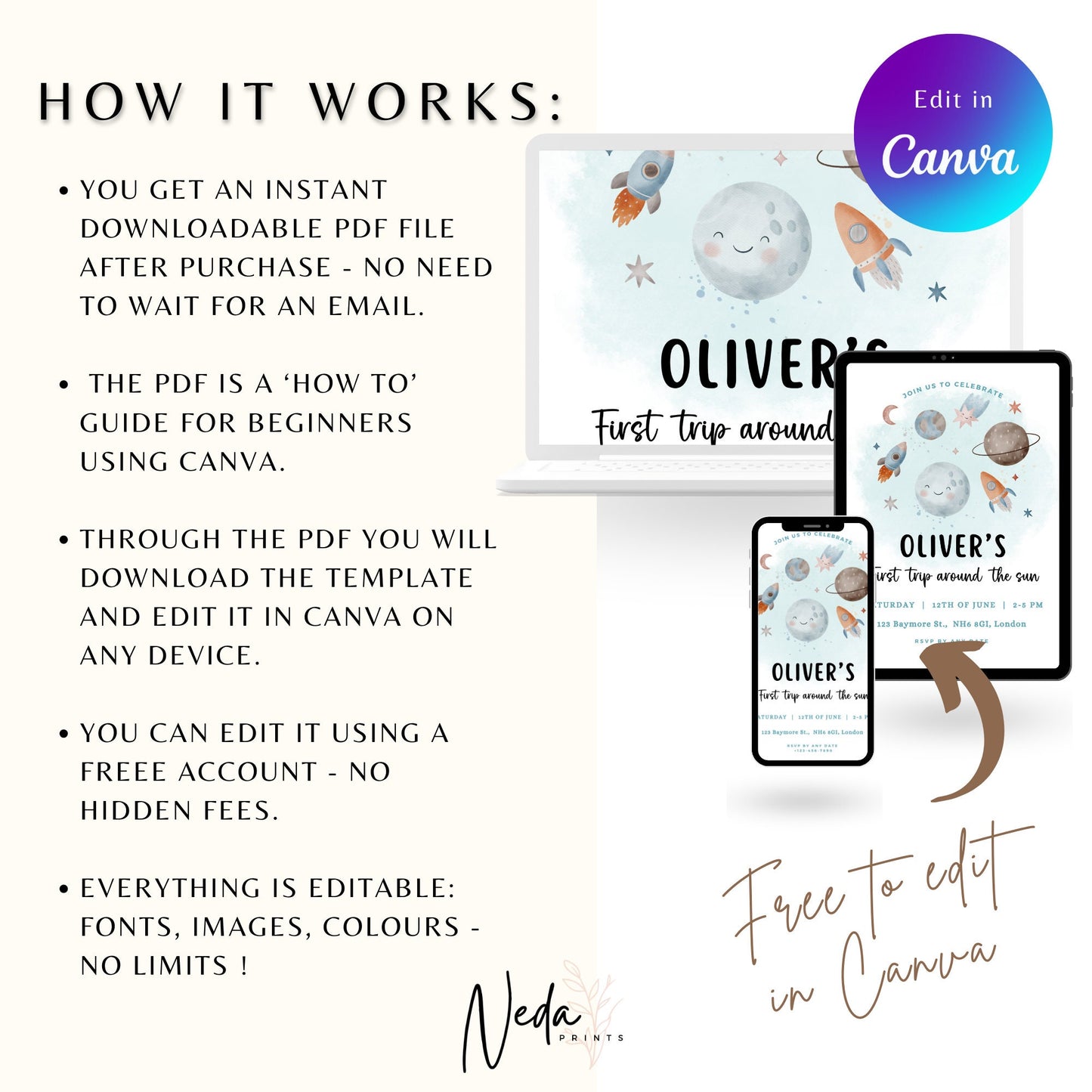 EDITABLE First Trip Around The Sun Birthday Invitation, Astronaut Invitation, Space 1st Birthday Invite Printable, Instant Download, I0003