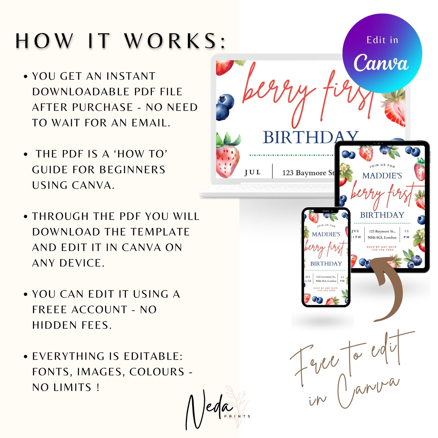 EDITABLE Berry First Birthday Invitation Template, Strawberry 1st Birthday Invite, Printable Girl Invite, First Birthday, Download, I0049