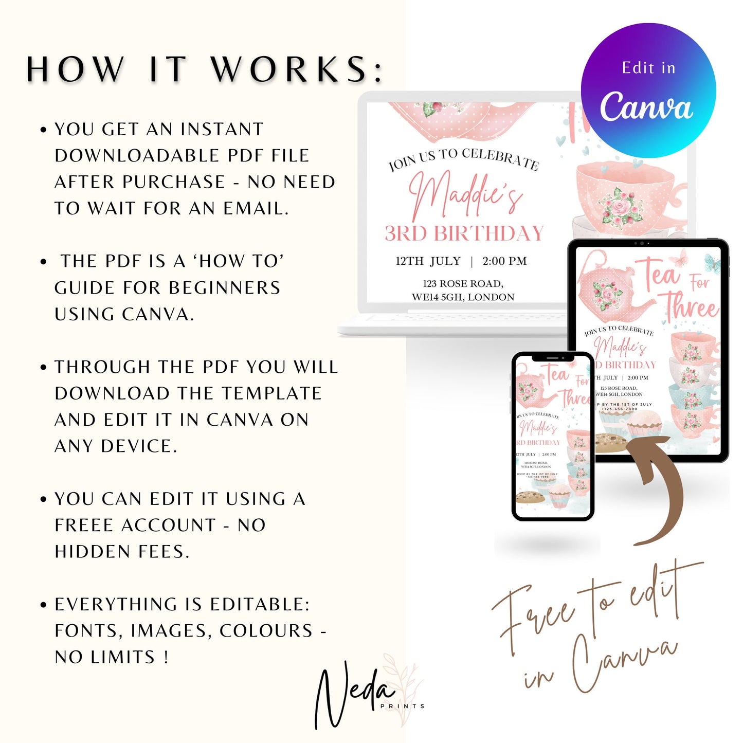 EDITABLE Tea For Three Birthday Invitation, 3rd Tea Party Birthday, Princess Party, Tea Party Invitation, High Tea Party, Download, I0055