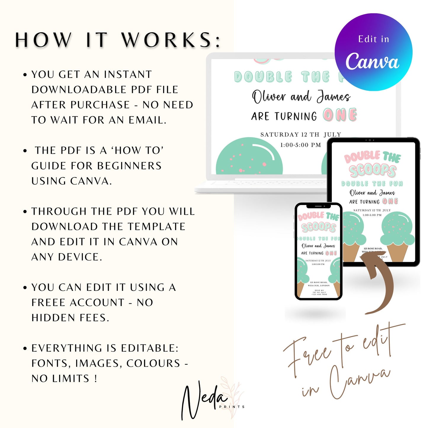 EDITABLE Twin Girl Summer Ice Cream Birthday Invitation, Ice cream party, Here's the scoop 1st twin Birthday Invite Printable Template I0064