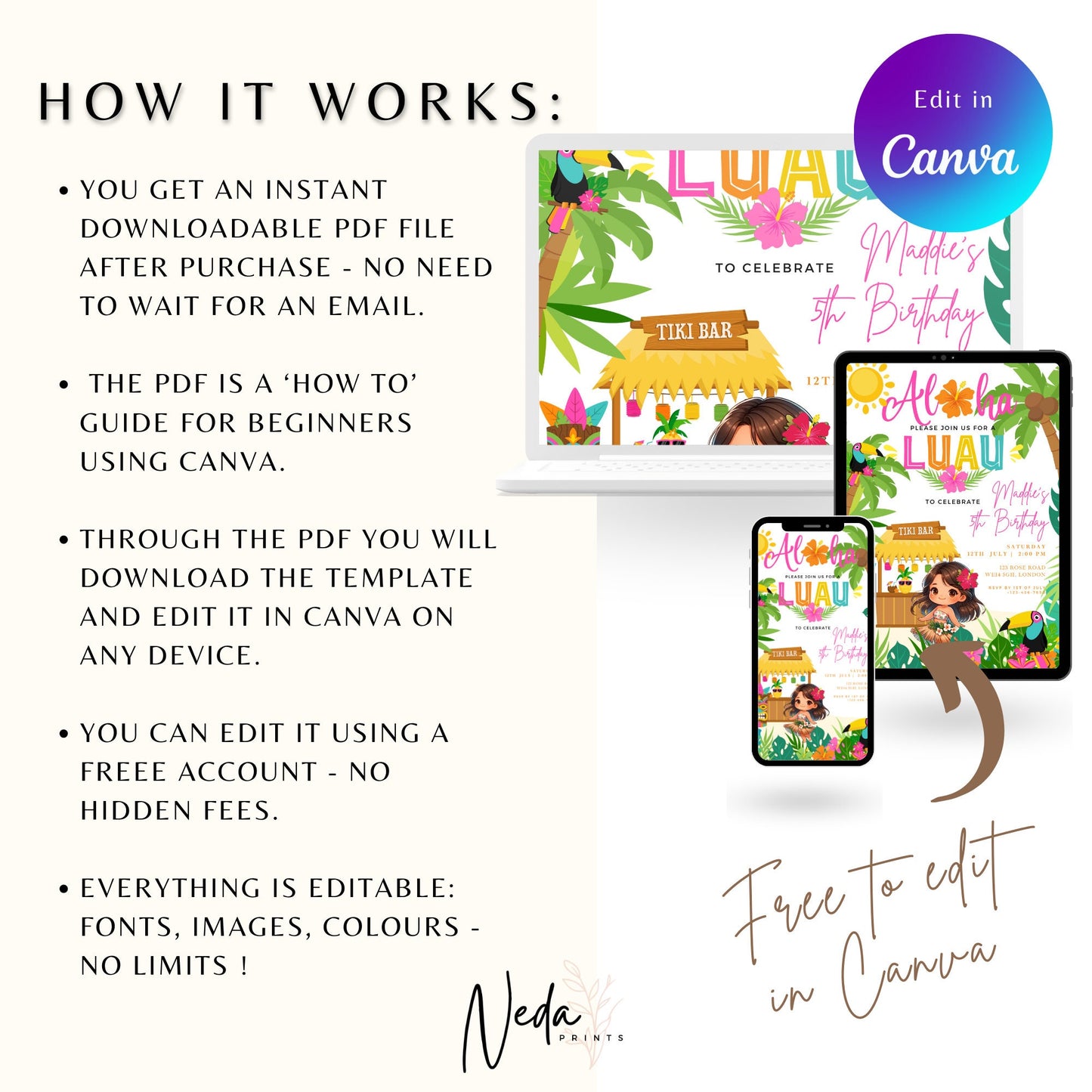 EDITABLE Aloha Tropical Hawaiian Birthday invite, Pool Party Hawaii Invite, Luau Birthday Party, Luau invitation, Beach Party Download I0097