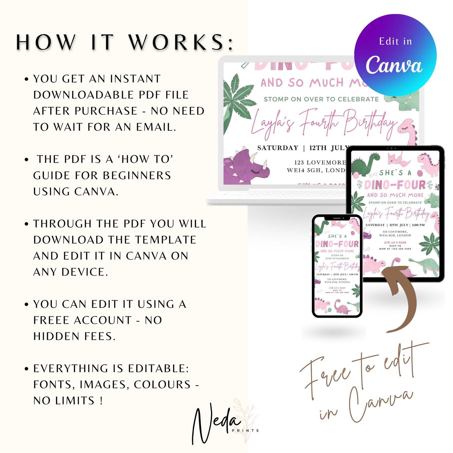 EDITABLE Girl DINO-FOUR Dinosaur Birthday Invitation, 4th dinosaur birthday party Pastel Dinosaur Party Invite Cute Pink Dino Download I0129