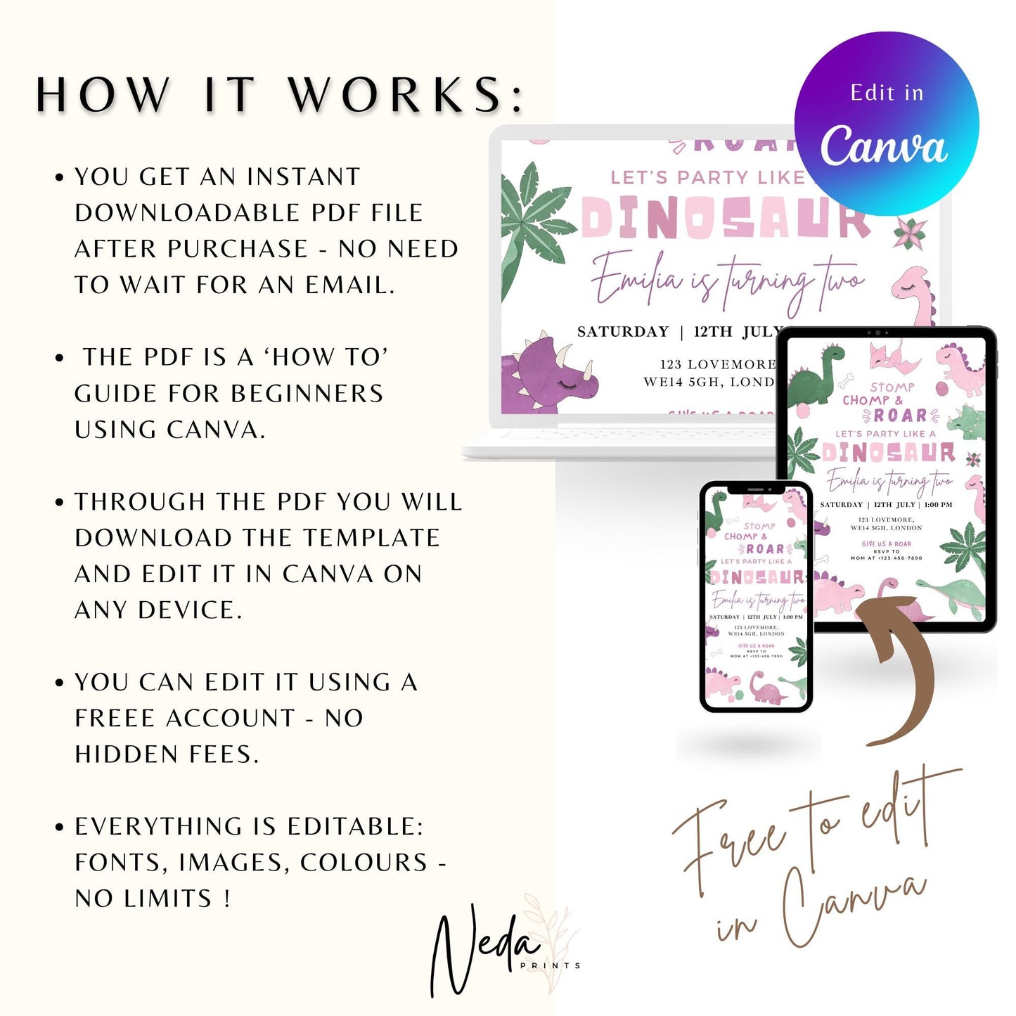 EDITABLE Girl Any Age Dinosaur Birthday Invitation, 1st 2nd 3rd 4th 5th 6th dinosaur birthday party Pastel Dinosaur Invite Download I0140