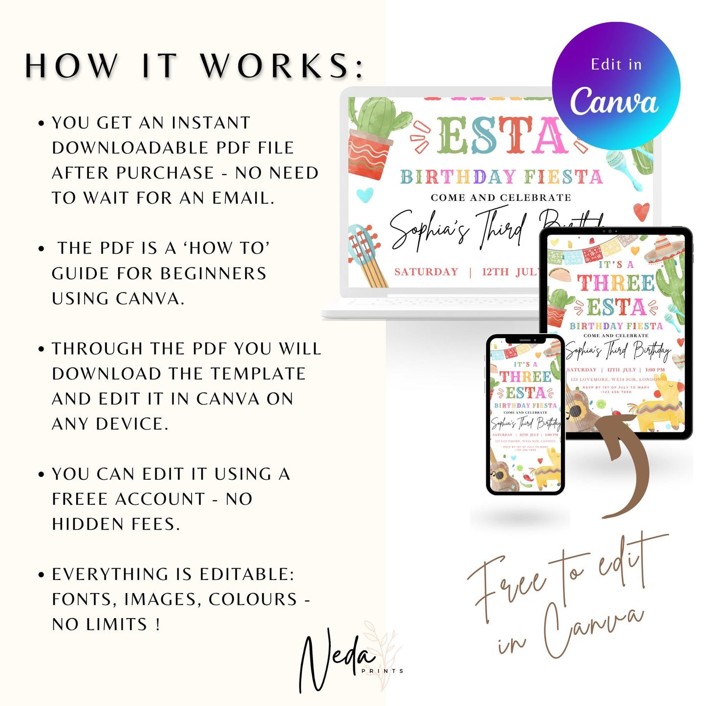 EDITABLE Three-esta Fiesta Birthday Invitation, 3rd Birthday Invite, Third Mexican birthday invite, Boy Girl Mexican Cactus Template I0113