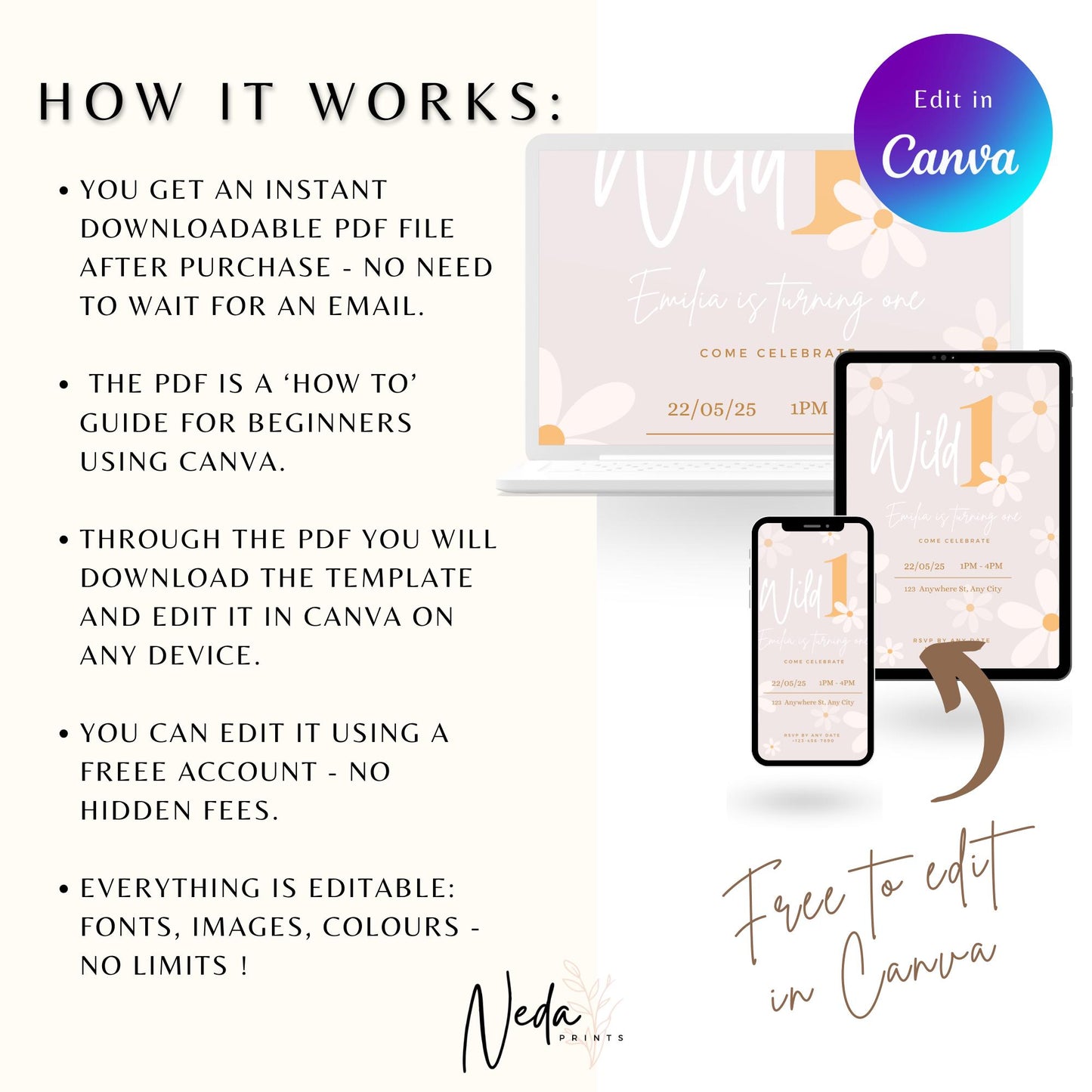 EDITABLE Wild 1 Daisy Birthday Invitation, 1st Birthday Invite Printable template, Daisy Flower Invite, First Birthday Flower Download I0155