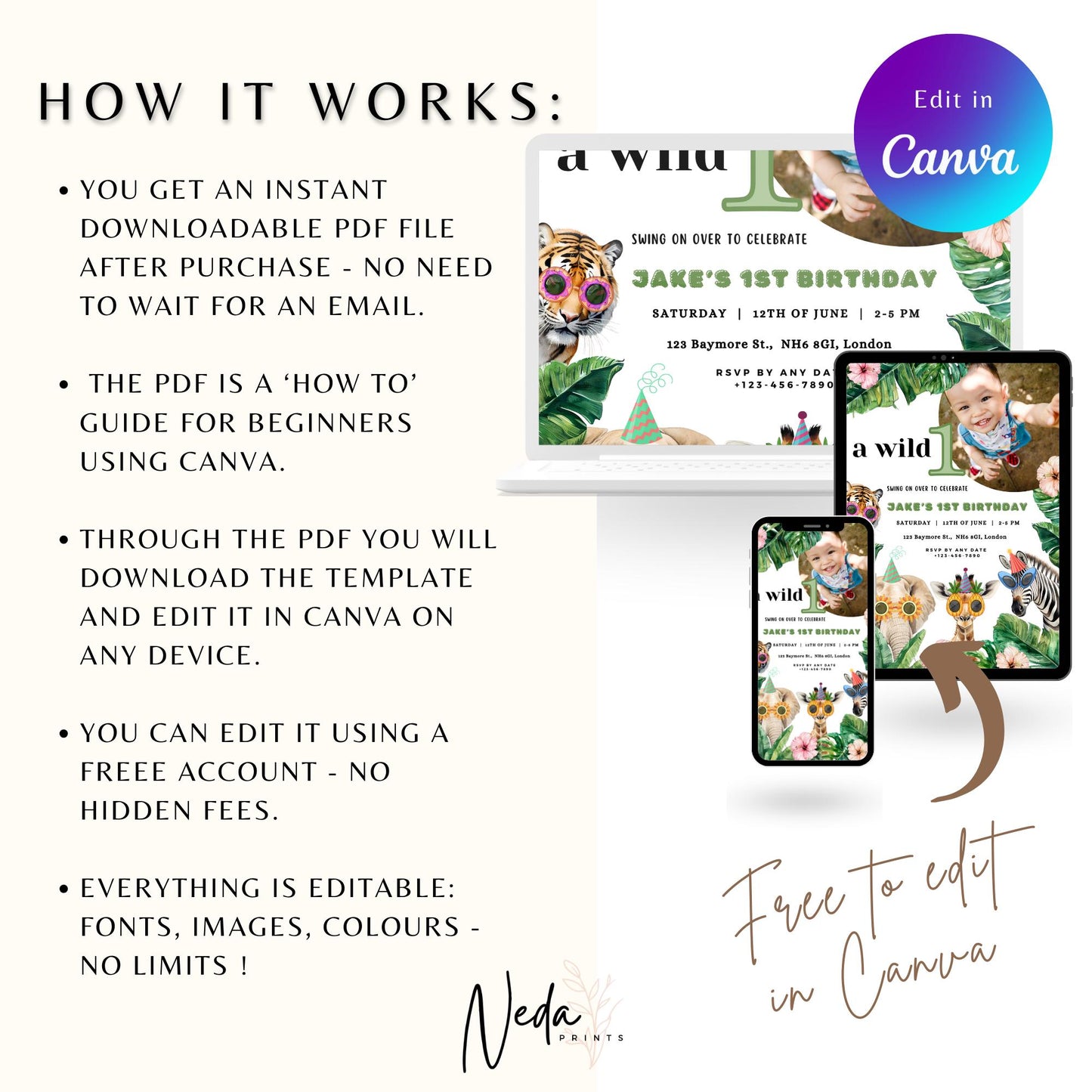 EDITABLE Wild 1 Jungle Birthday Photo Invitation, 1st Boy Birthday Invite, Animal jungle Boy Birthday invite Instant Download Template I0112