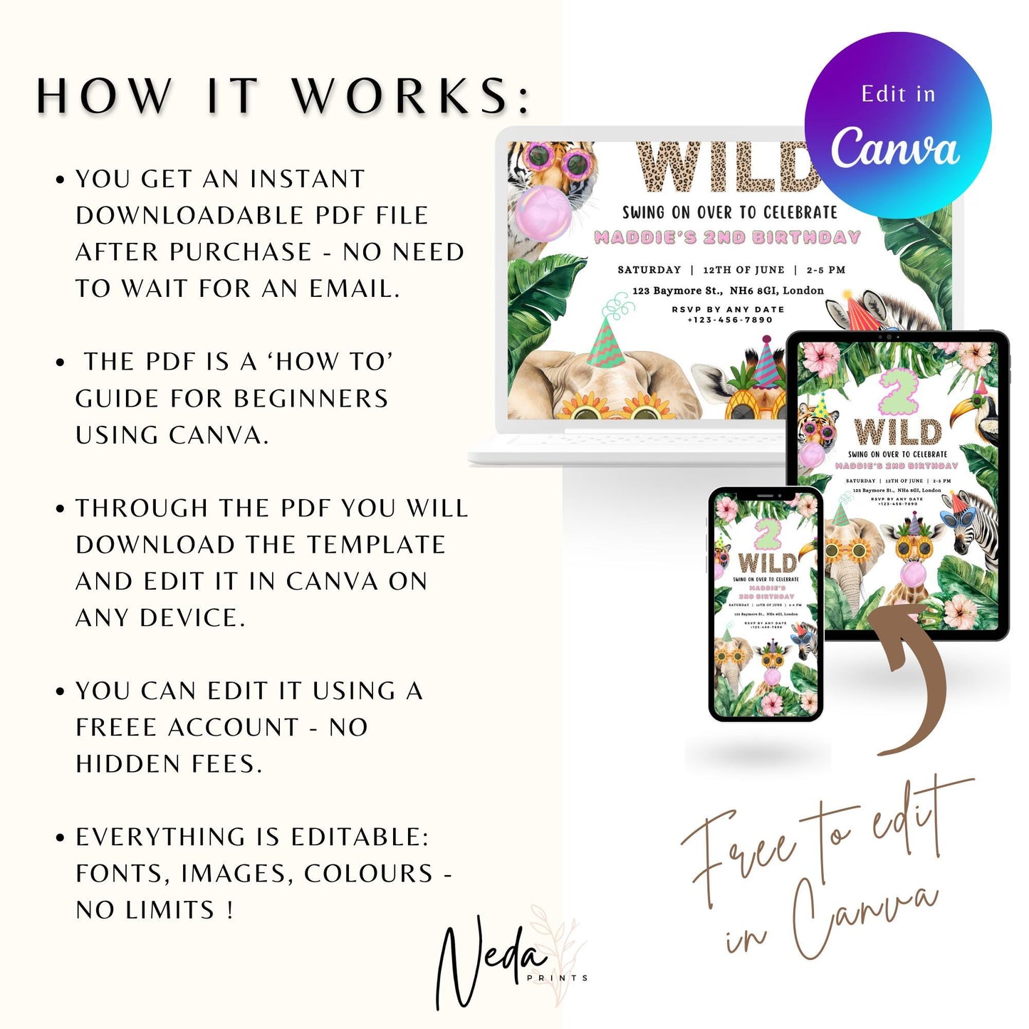 EDITABLE 2 Wild Birthday Invitation 2nd Birthday, Safari Birthday Invitation Animal invite Jungle Birthday invitation Instant Download I0011