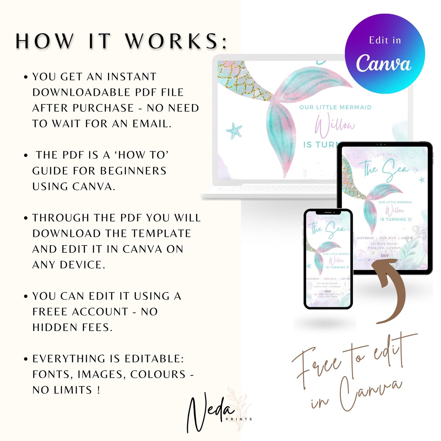 EDITABLE To The Sea Mermaid Birthday Invitation, Mermaid Party, Birthday Girl Invite, Mermaid Tail Mermaid invitation Instant Download I0159