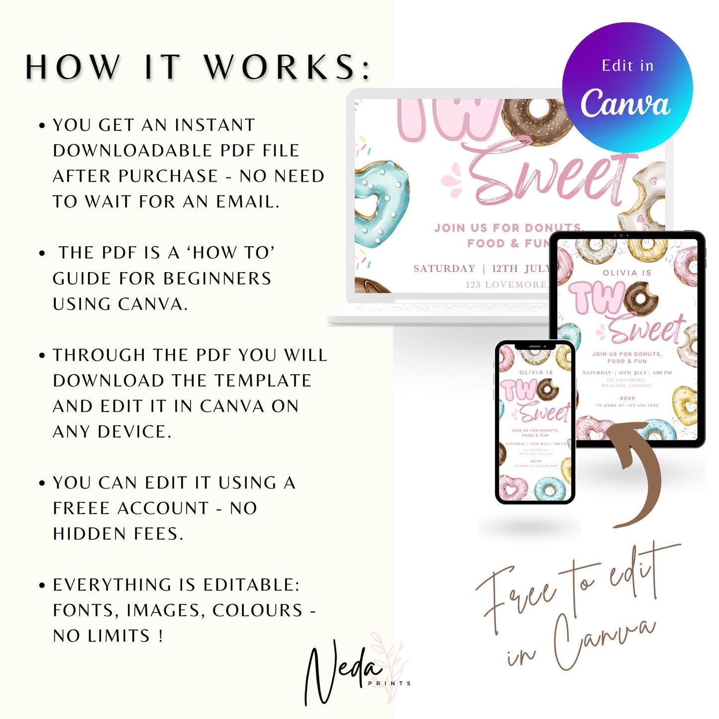 EDITABLE Two Sweet Donut Birthday Invitation, Donut Party Birthday, Sweet Candy Party invite Sweet One Birthday Party Instant Download I0154