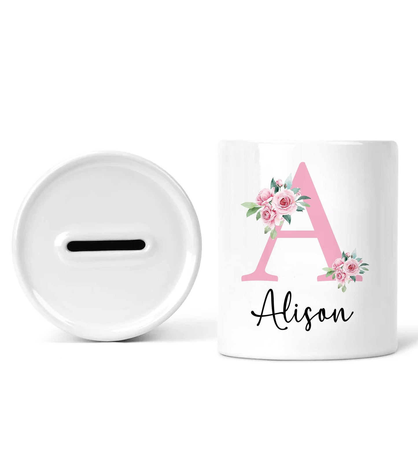 Personalised Initial Money Box, Pink Monogram Money Box, Ceramic Piggy Bank