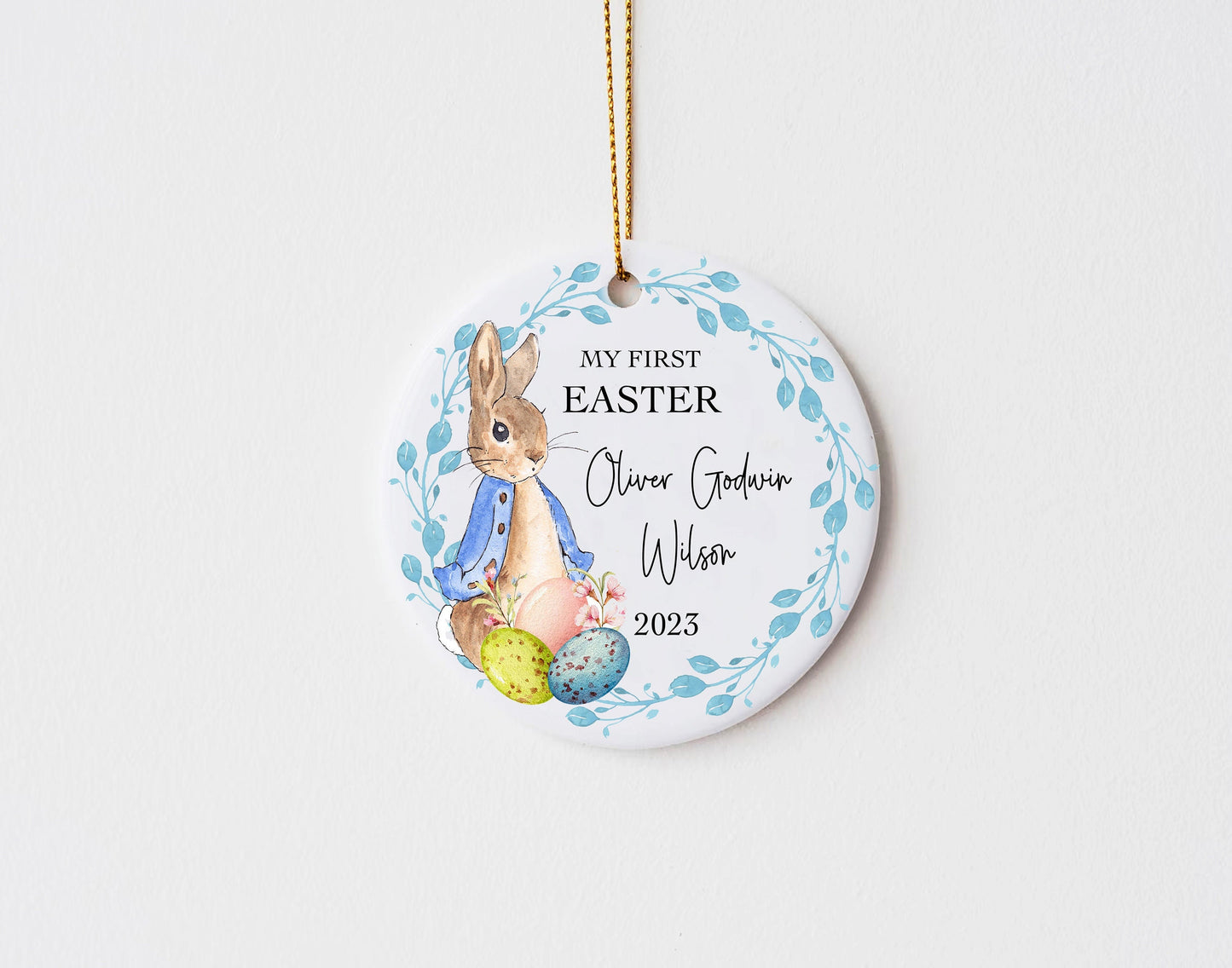 Personalised First Easter Rabbit Boy Blue Ceramic Ornament, Easter Plague