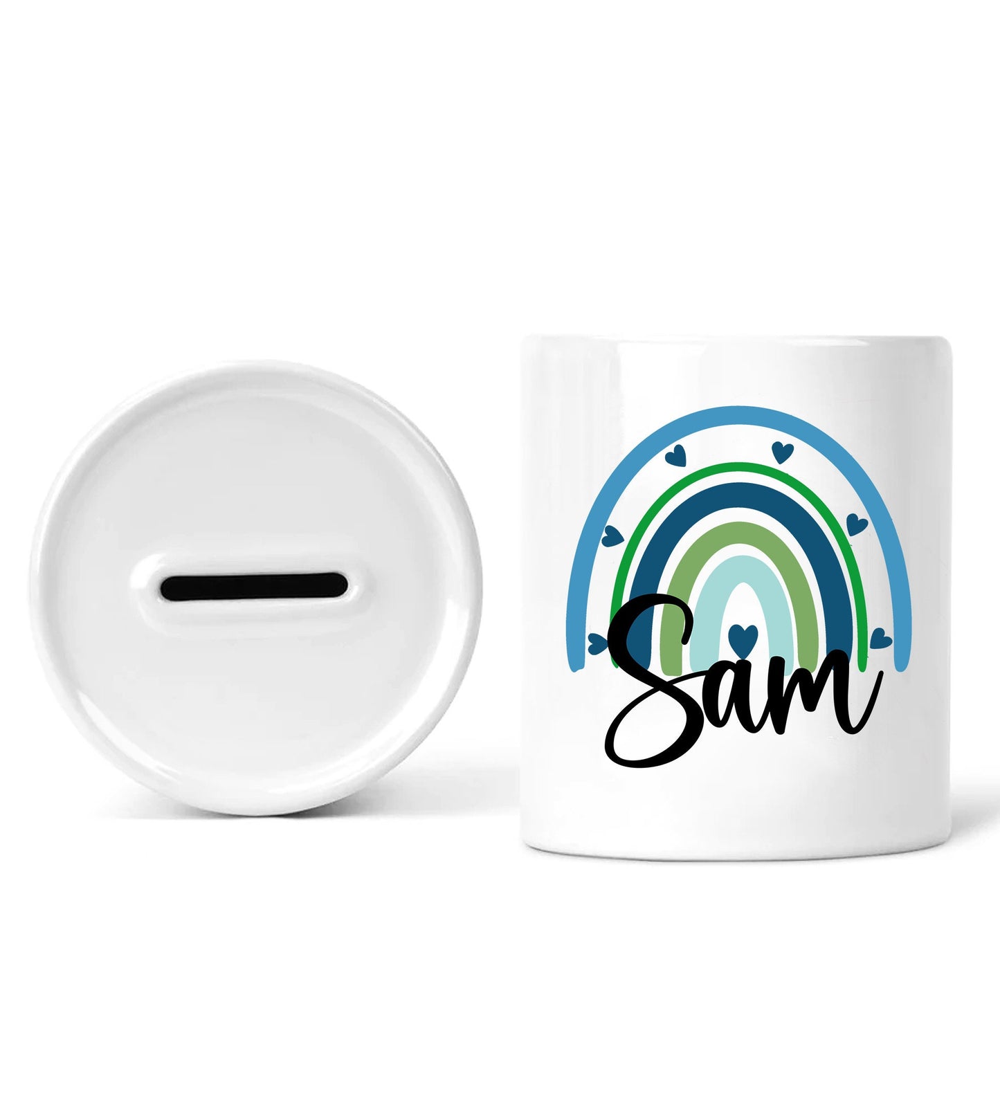 Personalised Rainbow Blue Money Box, Boy Money Box, Ceramic Piggy Bank