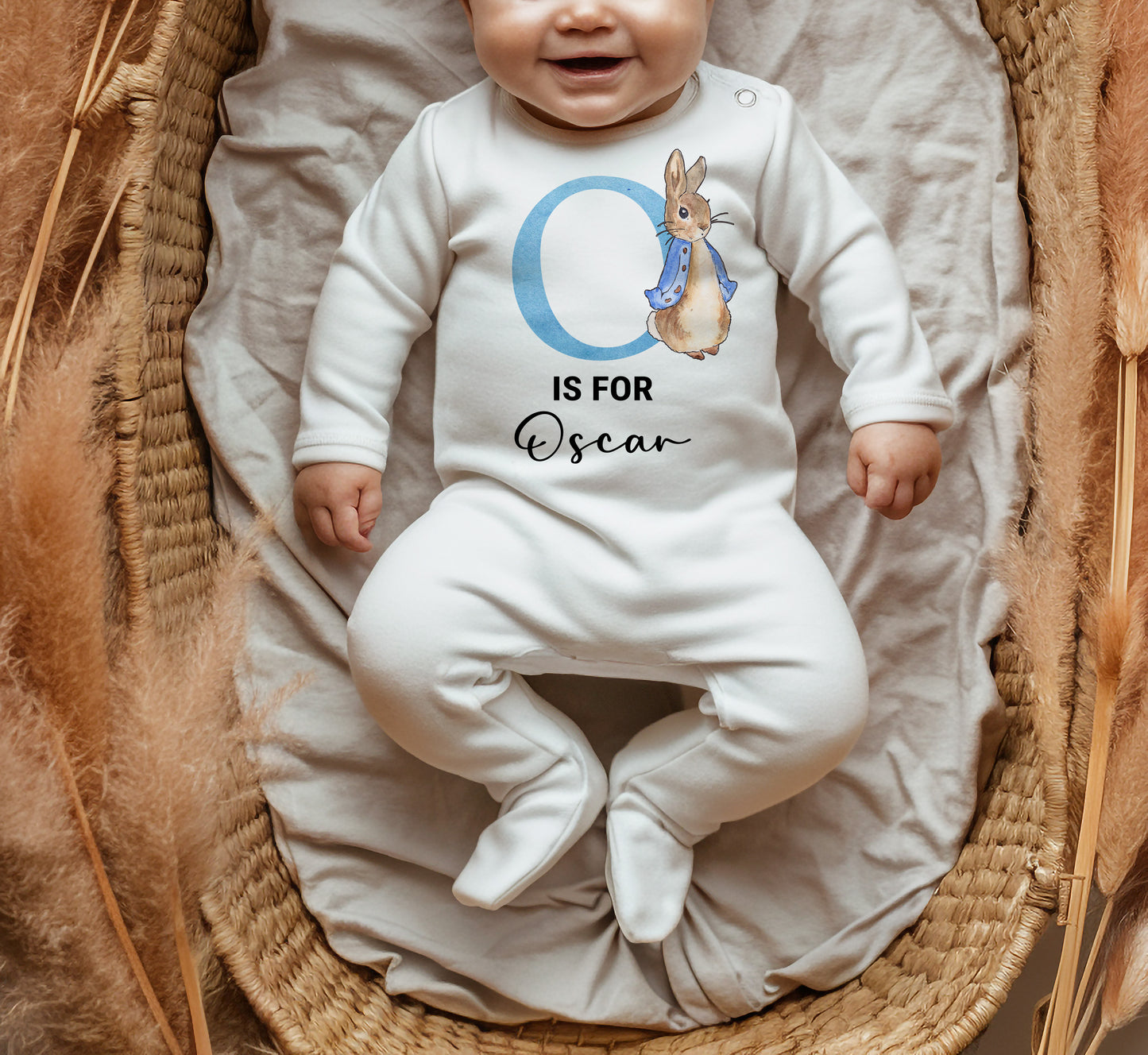 Personalised Blue Rabbit Sleepsuit, Custom Initial Babygrow