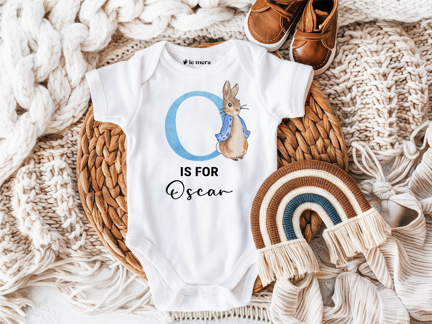 Personalised Blue Rabbit Sleepsuit, Custom Initial Babygrow