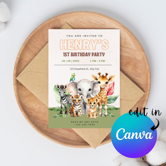EDITABLE Jungle Safari Birthday Invitation, Boy Birthday Invitation, Wild One 1st 2nd Birthday Invite Printable template, Instant Download,
