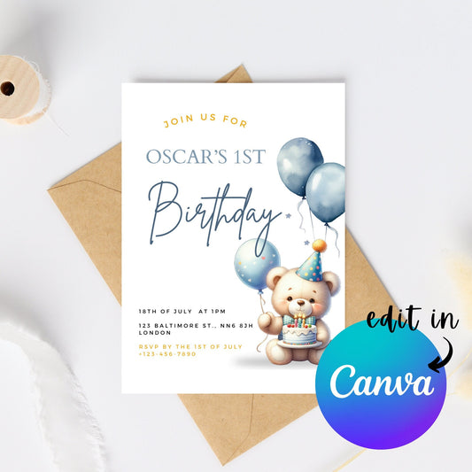 EDITABLE First Birthday Boy Invitation, Boy 1st 2nd Birthday Invite, Printable template, Instant Download Invite, Boy first birthday party