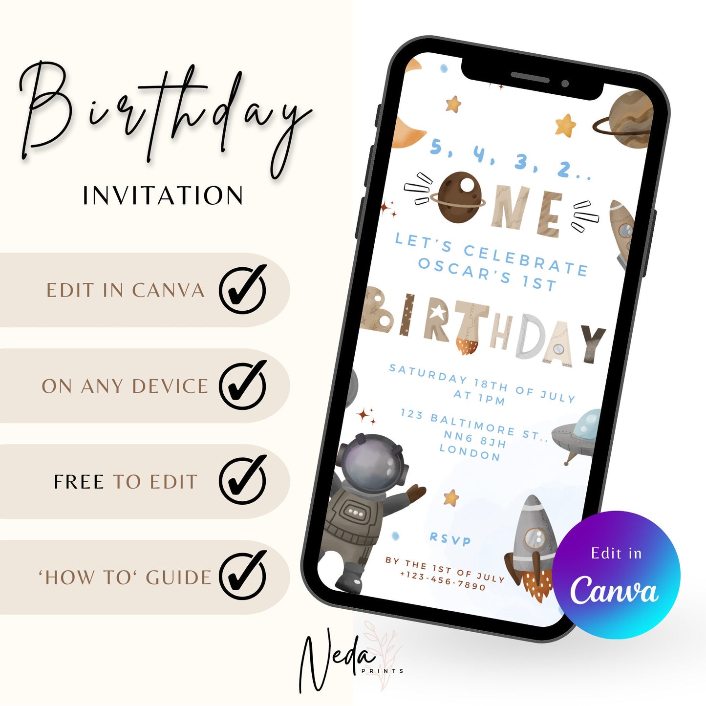 EDITABLE First Space Birthday Invitation, Astronaut Birthday Invitation, Space 1st 2nd Birthday Invite Printable template, Instant Download