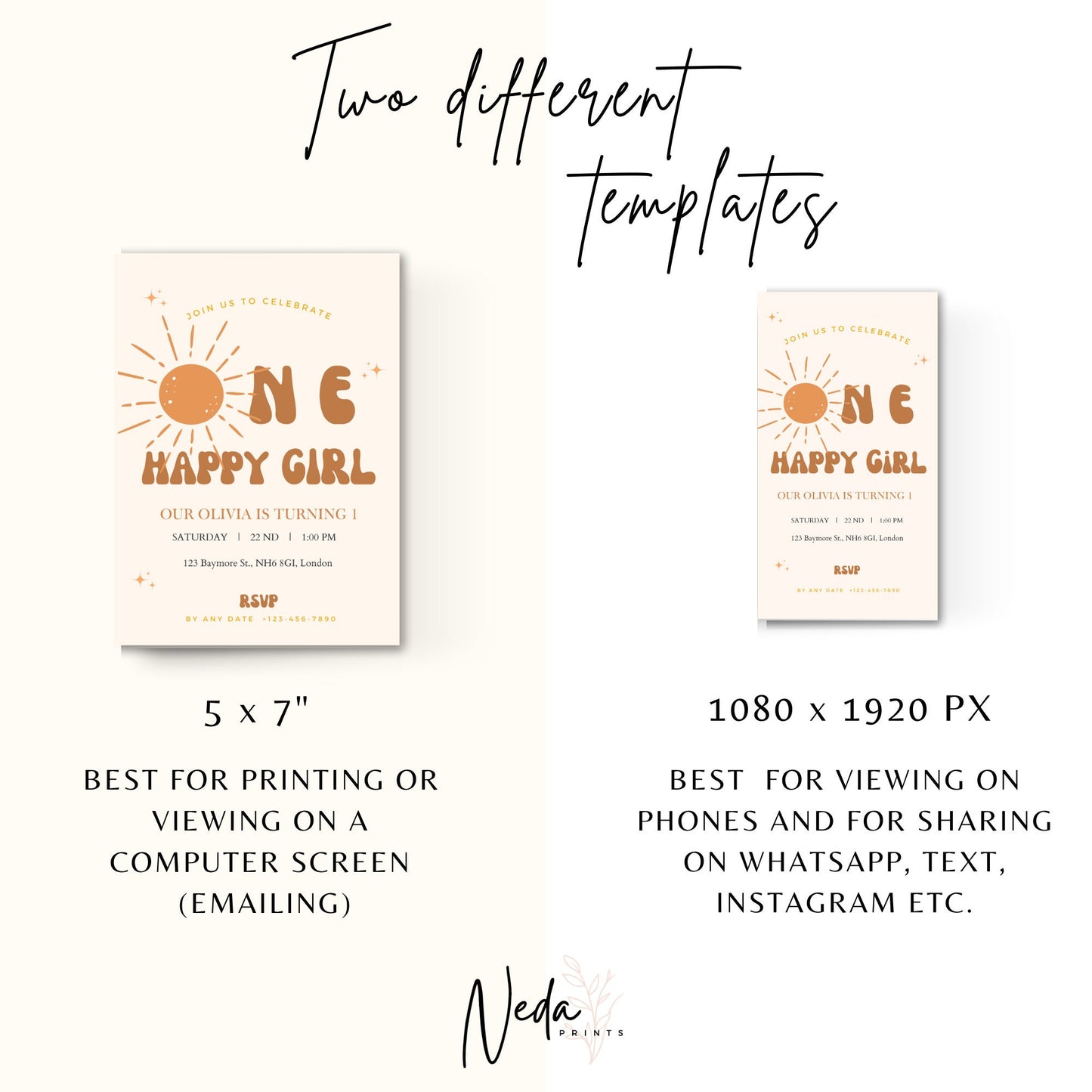 EDITABLE One Happy Girl Birthday Invitation, Bohemian Invitation, 1st Birthday Invite Printable template, Boho retro invite Instant Download