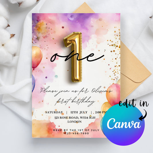 EDITABLE Rainbow Pastel Birthday Invitation, 1st 2nd 3rd Birthday Invite, Colourful glitter invite, Printable template, Instant Download