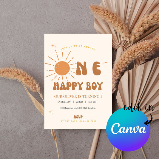 EDITABLE One Happy Boy Birthday Invitation, Bohemian Invitation, 1st Birthday Invite Printable template, Boho retro invite, Instant Download