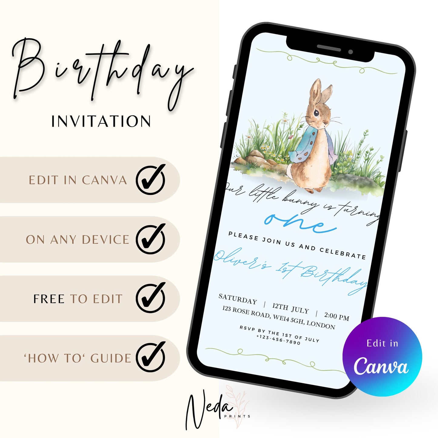 EDITABLE Rabbit Birthday Boy Invitation, Boy 1st 2nd Birthday Invite, Printable template, Instant Download Invite, Boy first birthday party