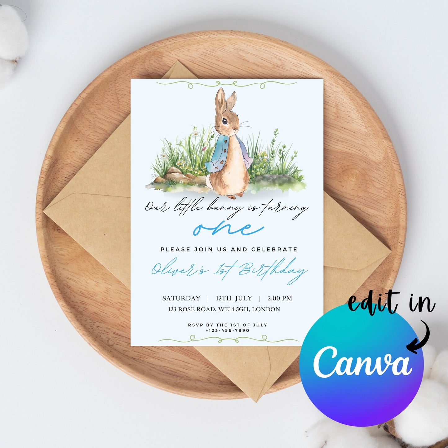 EDITABLE Rabbit Birthday Boy Invitation, Boy 1st 2nd Birthday Invite, Printable template, Instant Download Invite, Boy first birthday party