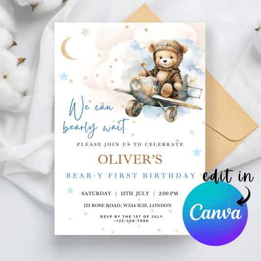 EDITABLE Bear-y First Birthday Invitation, 1st Birthday Boy Invite, Printable template, Instant Download Invite, First birthday boy party