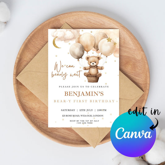 EDITABLE Bear-y First Birthday Invitation, 1st Birthday Gender Neutral Invite, Printable template Instant Download Invite First birthday boy