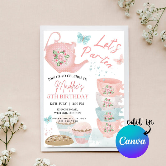 EDITABLE Let's Par-tea Birthday Invitation, Tea Party Birthday, Princess Party, Tea Party Invitation, High Tea Party, Instant Download