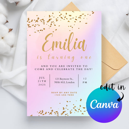 EDITABLE Rainbow Pastel Birthday Invitation, 1st 2nd 3rd Birthday Invite, Colourful glitter invite, Printable template, Instant Download