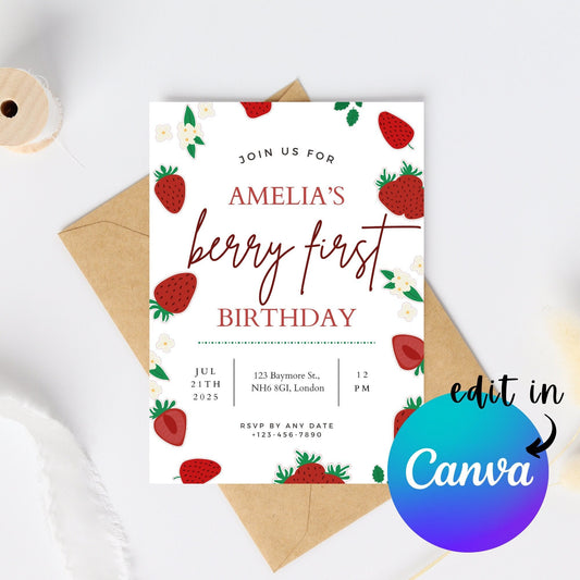 EDITABLE Berry First Birthday Invitation Template, Strawberry 1st Birthday Invite, Instant Download, Printable Girl Invite, first birthday