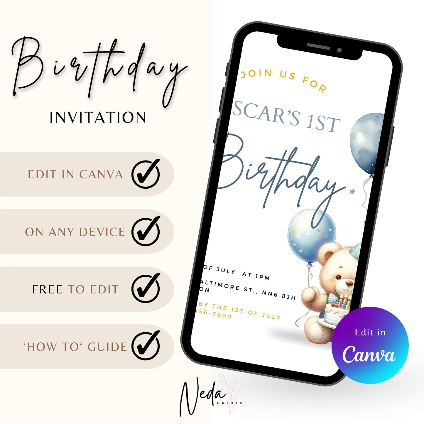 EDITABLE First Birthday Boy Invitation, Boy 1st 2nd Birthday Invite, Printable template, Instant Download Invite, Boy first birthday party