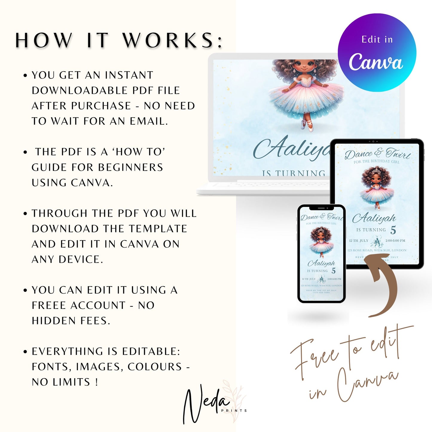 EDITABLE Ballerina Birthday Invitation, Ballet Birthday, Ballerina Party, Girl birthday, Black Girl birthday Party, Afro, Instant Download