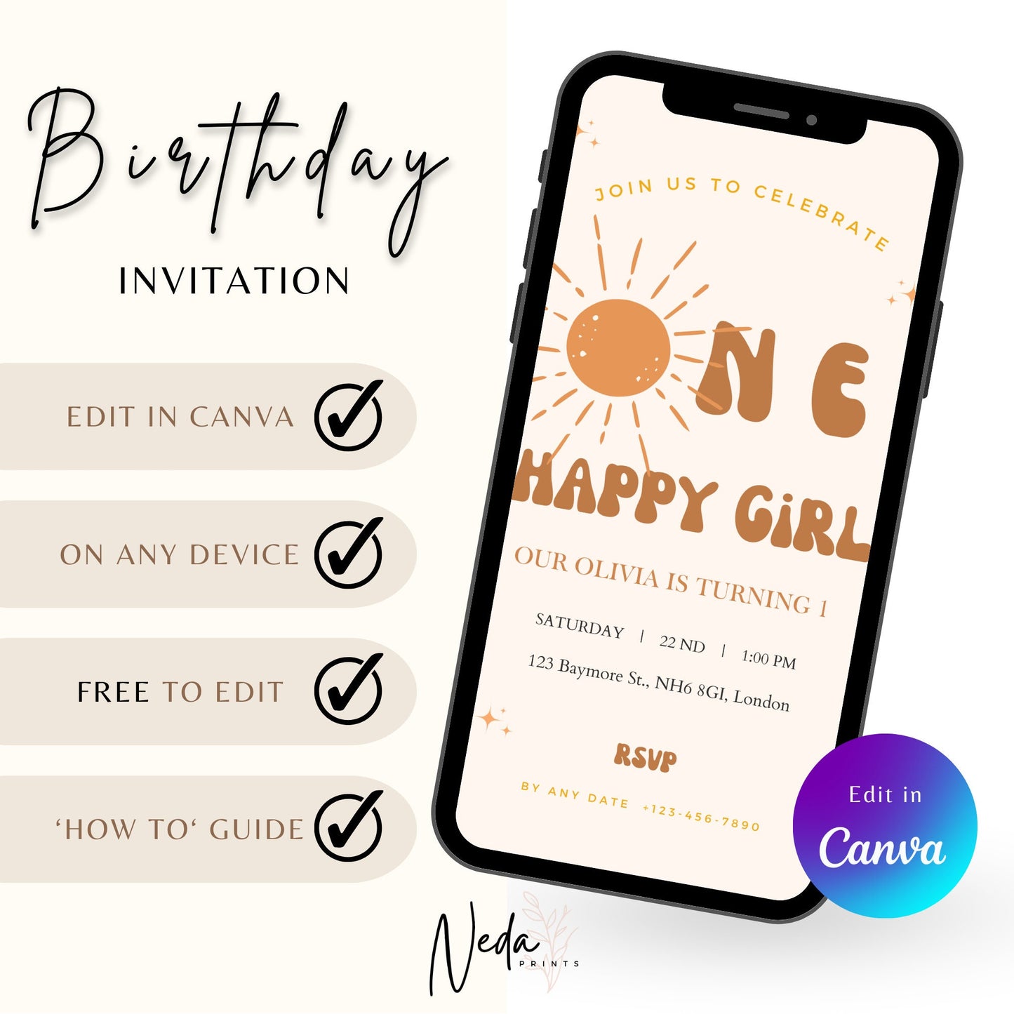 EDITABLE One Happy Girl Birthday Invitation, Bohemian Invitation, 1st Birthday Invite Printable template, Boho retro invite Instant Download