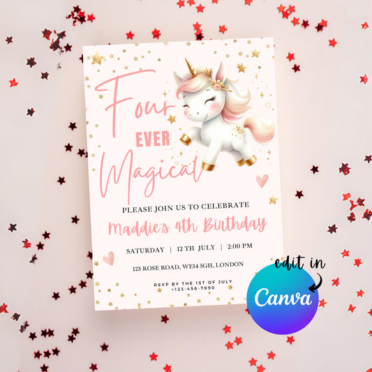 EDITABLE Four Ever Magical Unicorn Birthday Invitation, 4th Birthday Party, Unicorn Birthday Party, Unicorn Invite Party Instant Download