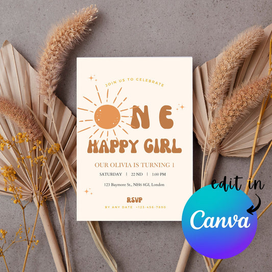 EDITABLE One Happy Girl Birthday Invitation, Bohemian Invitation, 1st Birthday Invite Printable template, Boho retro invite Instant Download