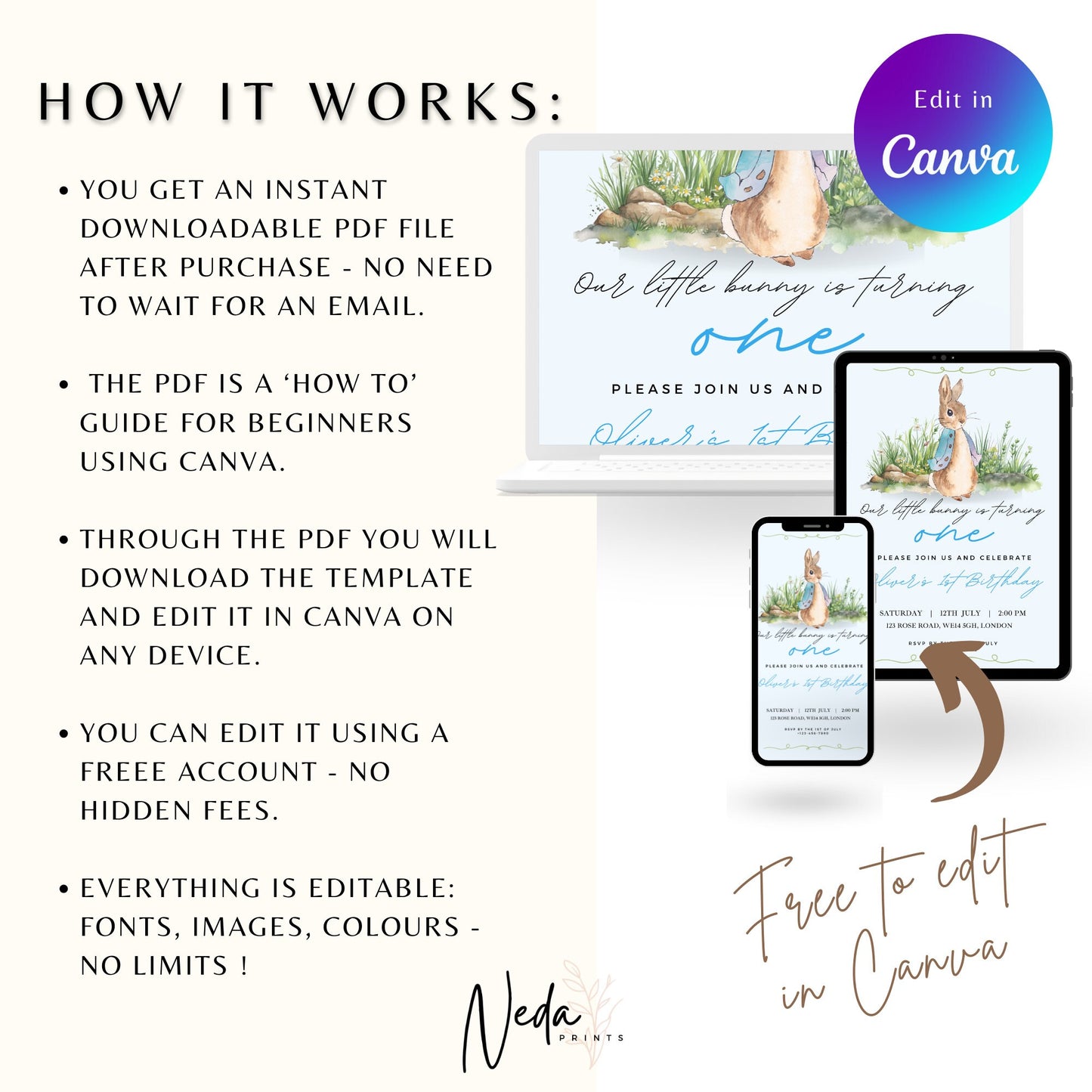 EDITABLE Rabbit Birthday Boy Invitation, Boy 1st 2nd Birthday Invite, Printable template, Instant Download Invite, Boy first birthday party