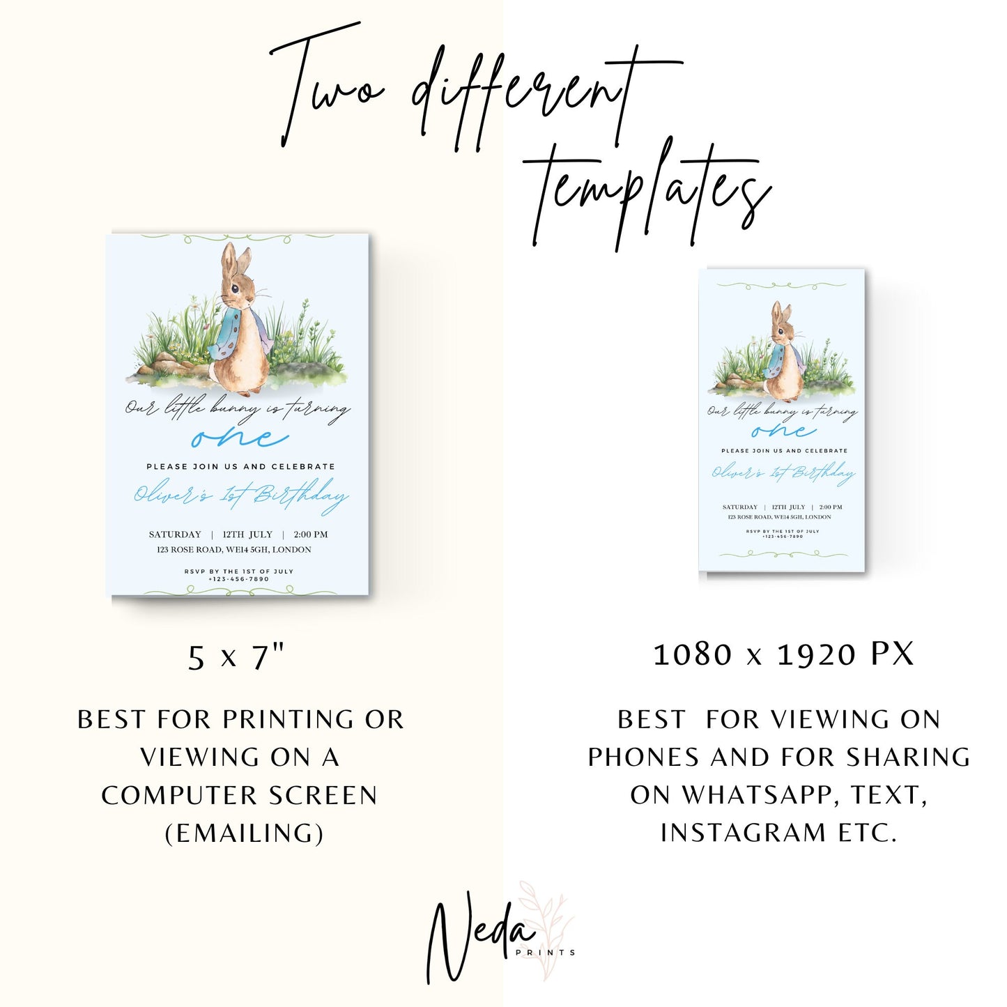 EDITABLE Rabbit Birthday Boy Invitation, Boy 1st 2nd Birthday Invite, Printable template, Instant Download Invite, Boy first birthday party